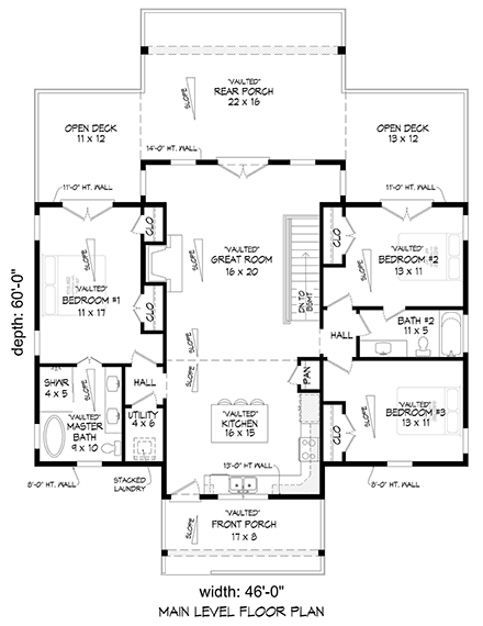 Cabin, Cottage, Country, Farmhouse, Ranch, Traditional House Plan 81571 with 3 Beds, 3 Baths First Level Plan