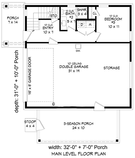 Coastal, Contemporary, Modern Garage-Living Plan 81580 with 3 Beds, 2 Baths, 2 Car Garage First Level Plan