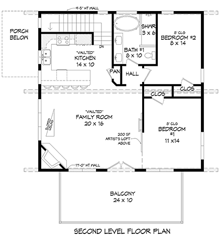 Coastal, Contemporary, Modern Garage-Living Plan 81580 with 3 Beds, 2 Baths, 2 Car Garage Second Level Plan