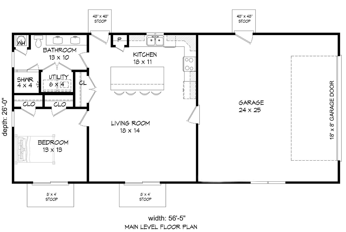 House Plan 81582 - Traditional Style with 832 Sq Ft, 1 Bed, 1 Bat