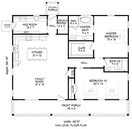 Cabin, Country, Ranch, Traditional House Plan 81593 with 2 Beds, 2 Baths First Level Plan