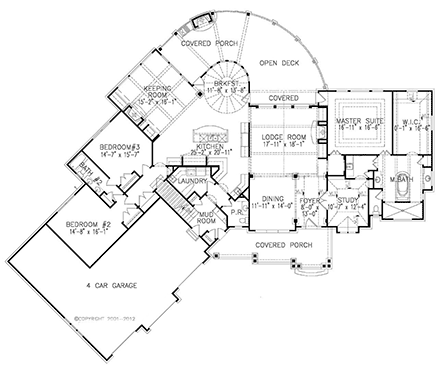 Craftsman, Farmhouse, Tuscan House Plan 81624 with 4 Beds, 4 Baths, 4 Car Garage First Level Plan