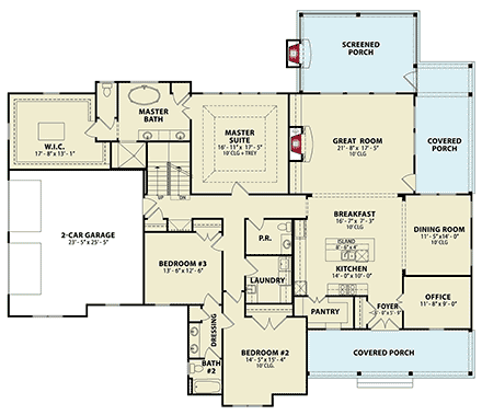 Farmhouse House Plan 81658 with 3 Beds, 3 Baths, 2 Car Garage First Level Plan