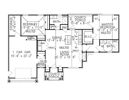 Cottage, Craftsman, Ranch, Traditional House Plan 81676 with 2 Beds, 2 Baths, 1 Car Garage First Level Plan
