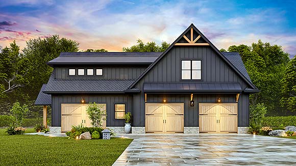 Barndominium, Cottage, Country, Craftsman Garage-Living Plan 81690 with 1 Beds, 1 Baths, 3 Car Garage Elevation