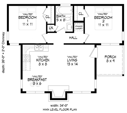 Cottage, Modern House Plan 81702 with 2 Beds, 1 Baths First Level Plan
