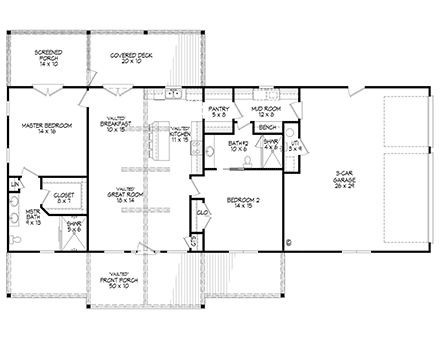 Country, Farmhouse, Ranch, Traditional House Plan 81719 with 2 Beds, 2 Baths, 3 Car Garage First Level Plan