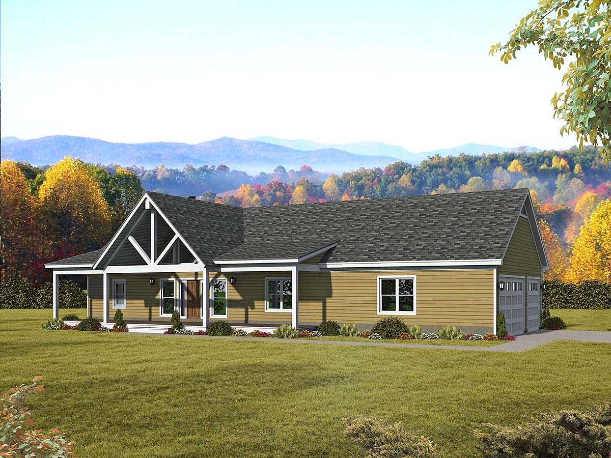 Country, Farmhouse, Ranch, Traditional Plan with 1519 Sq. Ft., 2 Bedrooms, 2 Bathrooms, 3 Car Garage Elevation