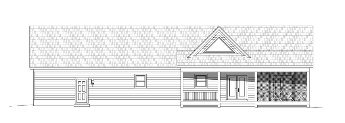 Country, Farmhouse, Ranch, Traditional Plan with 1519 Sq. Ft., 2 Bedrooms, 2 Bathrooms, 3 Car Garage Rear Elevation