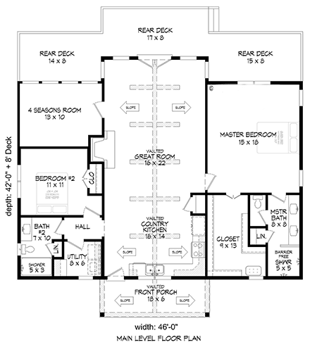 Bungalow, Country, Craftsman, Farmhouse, Prairie, Ranch, Traditional House Plan 81723 with 2 Beds, 2 Baths First Level Plan