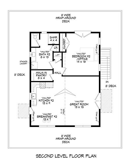 Bungalow, Cottage, Country, Craftsman House Plan 81725 with 2 Beds, 2 Baths, 1 Car Garage Second Level Plan