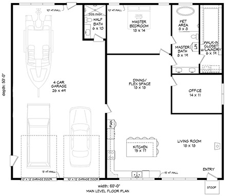 Bungalow, Contemporary, Craftsman, Modern Garage-Living Plan 81744 with 1 Beds, 2 Baths, 3 Car Garage First Level Plan