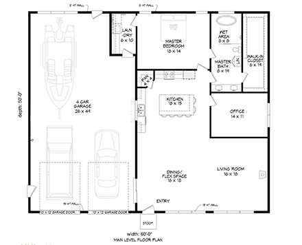 Contemporary, Modern Garage-Living Plan 81778 with 1 Beds, 1 Baths, 3 Car Garage First Level Plan