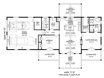 Cabin, Country, Farmhouse, Ranch, Traditional House Plan 81781 with 2 Beds, 2 Baths, 2 Car Garage First Level Plan