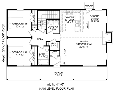 Cottage, Country, Farmhouse, New American, Ranch, Traditional House Plan 81783 with 2 Beds, 1 Baths, 1 Car Garage First Level Plan
