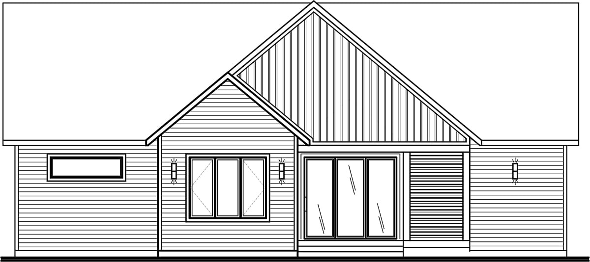 Cabin, Contemporary, Cottage, Modern, Ranch Plan with 1487 Sq. Ft., 2 Bedrooms, 1 Bathrooms, 1 Car Garage Rear Elevation