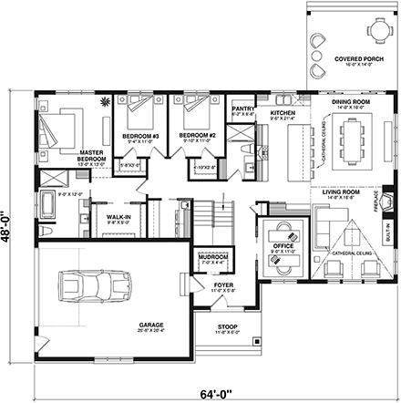 Country, Farmhouse, Ranch House Plan 81818 with 3 Beds, 2 Baths, 1 Car Garage First Level Plan