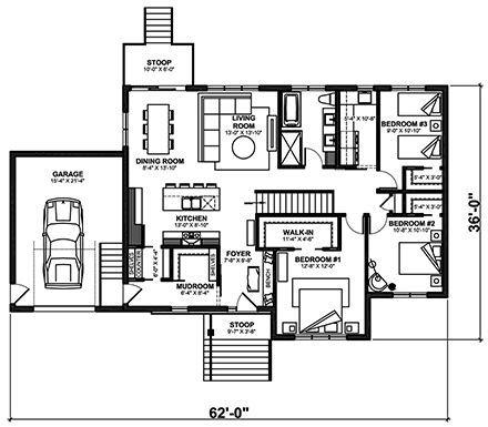 Country, Farmhouse, Ranch House Plan 81821 with 3 Beds, 1 Baths, 1 Car Garage First Level Plan