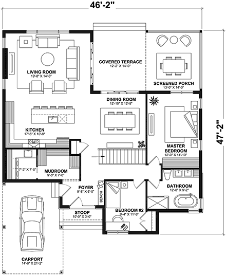 Bungalow, Contemporary, Modern House Plan 81823 with 2 Beds, 1 Baths, 1 Car Garage First Level Plan