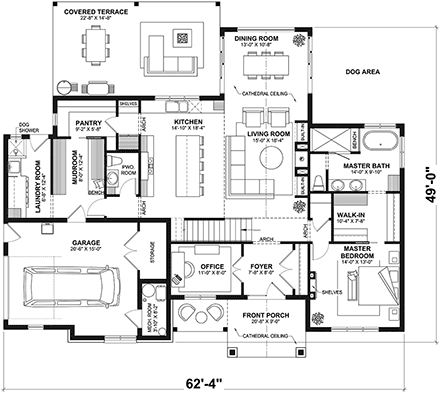 Craftsman, Farmhouse, French Country, Ranch House Plan 81828 with 3 Beds, 3 Baths, 1 Car Garage First Level Plan