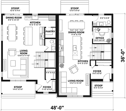Country, Farmhouse Multi-Family Plan 81836 with 3 Beds, 2 Baths First Level Plan