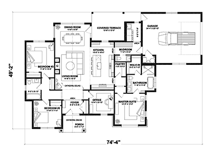 Contemporary, European, French Country, Ranch, Tuscan House Plan 81851 with 3 Beds, 3 Baths, 2 Car Garage First Level Plan