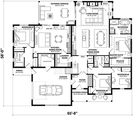 Farmhouse, French Country, Ranch House Plan 81863 with 4 Beds, 3 Baths, 1 Car Garage First Level Plan