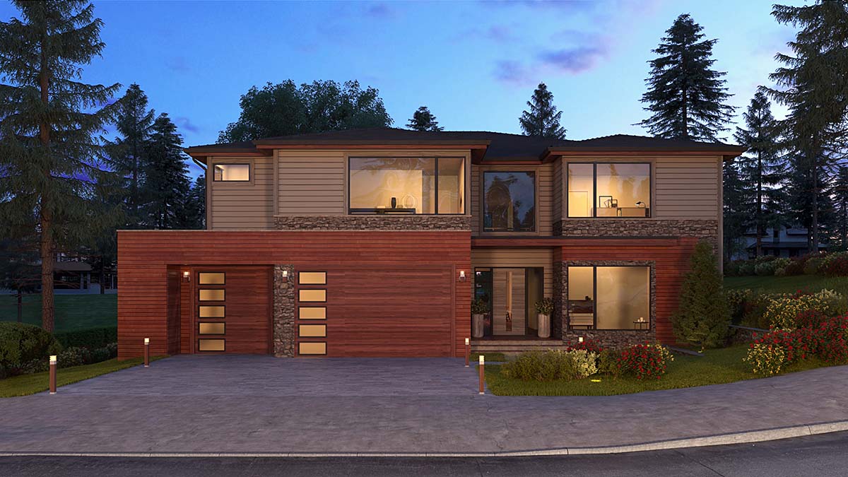 Contemporary, Modern, Prairie Style Plan with 6300 Sq. Ft., 5 Bedrooms, 6 Bathrooms, 3 Car Garage Elevation
