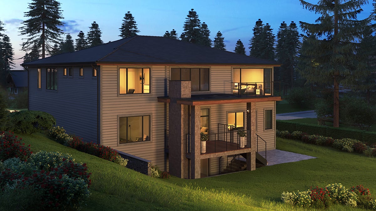 Contemporary, Modern, Prairie Style Plan with 6300 Sq. Ft., 5 Bedrooms, 6 Bathrooms, 3 Car Garage Rear Elevation