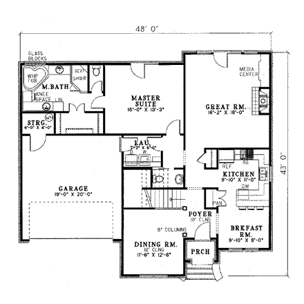 European House Plan 82013 with 3 Beds, 3 Baths, 2 Car Garage First Level Plan