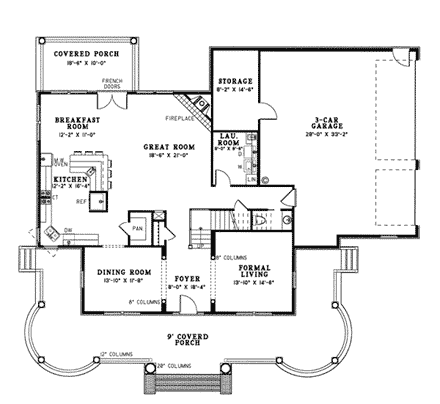 Colonial, Plantation House Plan 82054 with 3 Beds, 4 Baths, 3 Car Garage First Level Plan