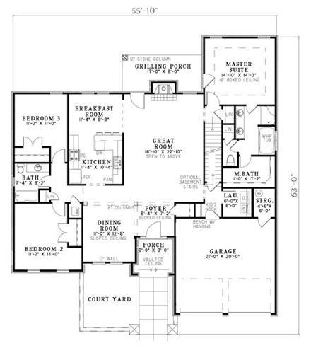 Craftsman, Italian, Mediterranean House Plan 82109 with 3 Beds, 2 Baths, 2 Car Garage First Level Plan