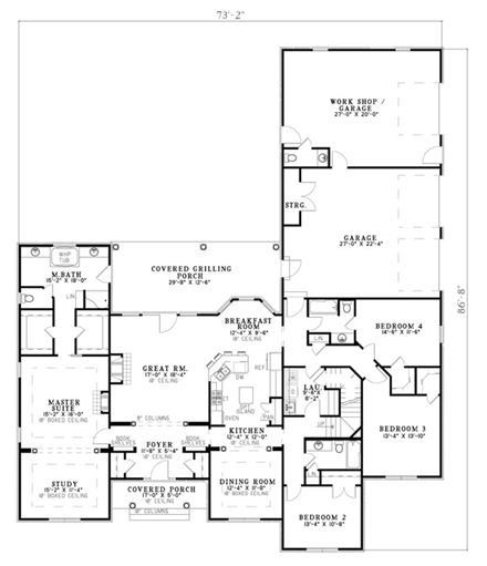Traditional House Plan 82130 with 4 Beds, 4 Baths, 3 Car Garage First Level Plan