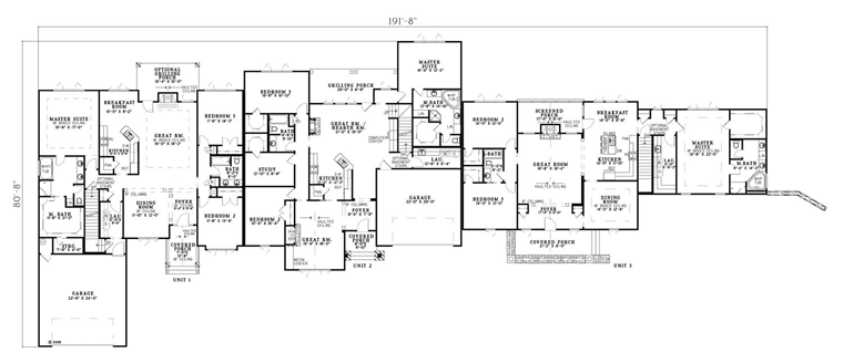 Ranch Multi-Family Plan 82147 with 9 Beds, 6 Baths, 4 Car Garage First Level Plan