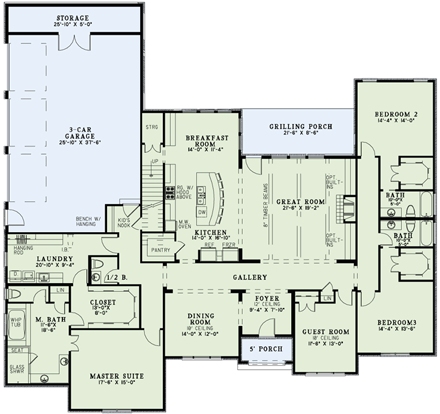 Craftsman, European House Plan 82163 with 4 Beds, 5 Baths, 3 Car Garage First Level Plan