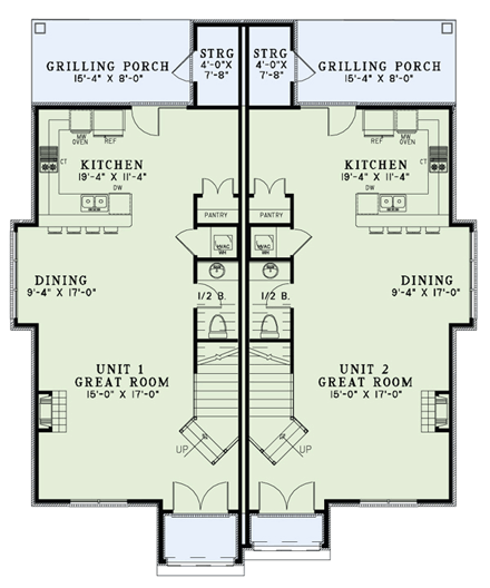 Tudor Multi-Family Plan 82173 with 4 Beds, 6 Baths First Level Plan