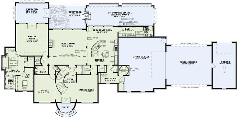 European, Tudor House Plan 82177 with 4 Beds, 5 Baths, 3 Car Garage Level One