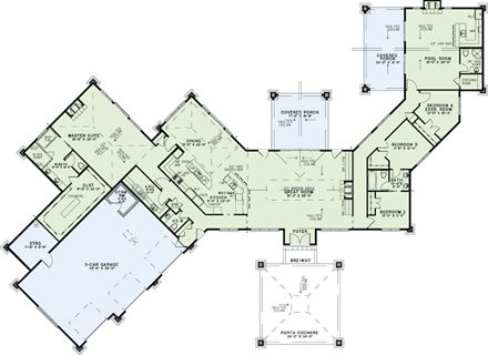 House Plan 82183 with 3 Beds, 4 Baths, 3 Car Garage First Level Plan