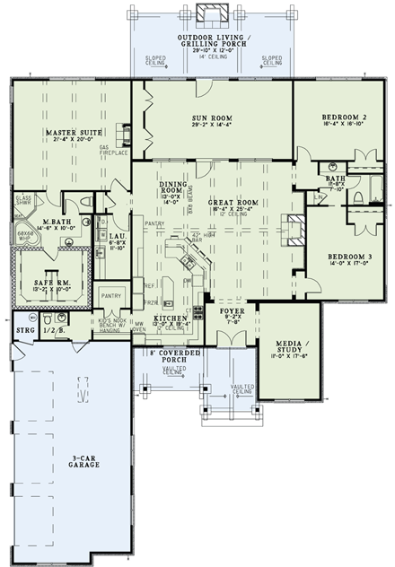 House Plan 82229 with 3 Beds, 3 Baths, 3 Car Garage First Level Plan