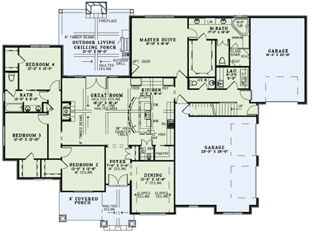 Craftsman, European House Plan 82230 with 4 Beds, 4 Baths, 3 Car Garage First Level Plan