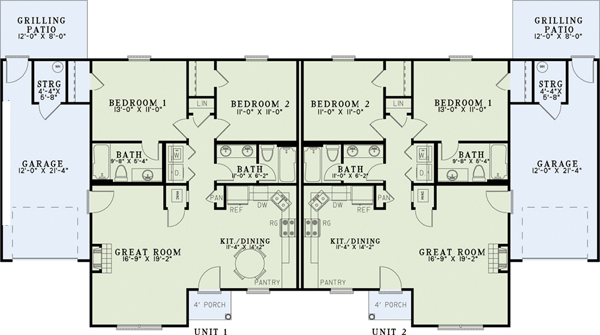 Traditional Multi-Family Plan 82252 with 4 Beds, 2 Baths, 2 Car Garage Level One