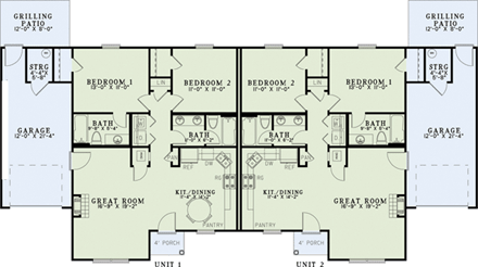 Traditional Multi-Family Plan 82252 with 4 Beds, 2 Baths, 2 Car Garage First Level Plan
