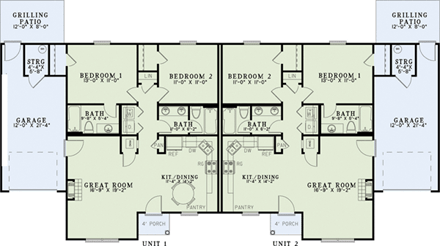 Traditional Multi-Family Plan 82253 with 4 Beds, 4 Baths, 2 Car Garage First Level Plan