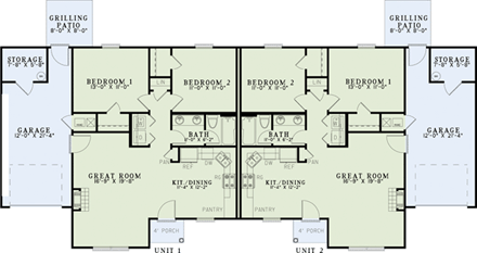 Traditional Multi-Family Plan 82254 with 4 Beds, 2 Baths, 2 Car Garage First Level Plan