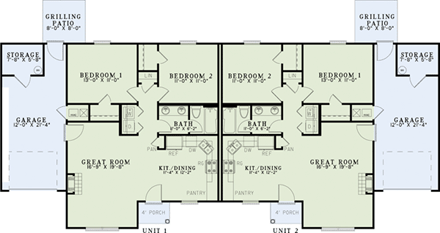 Traditional Multi-Family Plan 82255 with 4 Beds, 2 Baths, 2 Car Garage First Level Plan