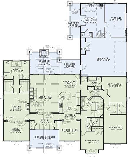 Country, Craftsman House Plan 82262 with 4 Beds, 4 Baths, 2 Car Garage First Level Plan