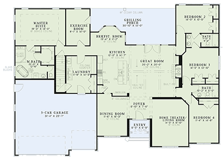 European, Traditional House Plan 82392 with 4 Beds, 3 Baths, 3 Car Garage First Level Plan