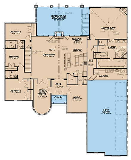 European House Plan 82401 with 4 Beds, 4 Baths, 4 Car Garage First Level Plan
