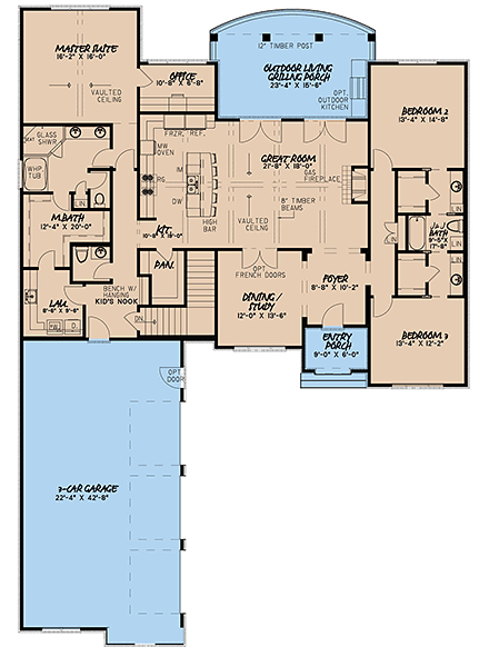 European House Plan 82402 with 4 Beds, 4 Baths, 3 Car Garage First Level Plan