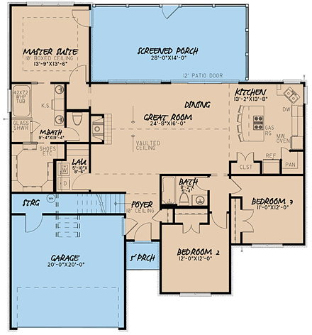 European, Southern, Traditional House Plan 82436 with 3 Beds, 2 Baths, 2 Car Garage First Level Plan